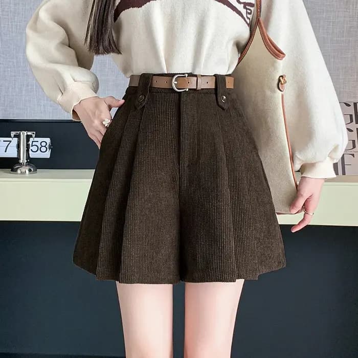 Séoulish Vintage femmes velours côtelé a-ligne Shorts 2025 automne hiver couleur unie taille haute p