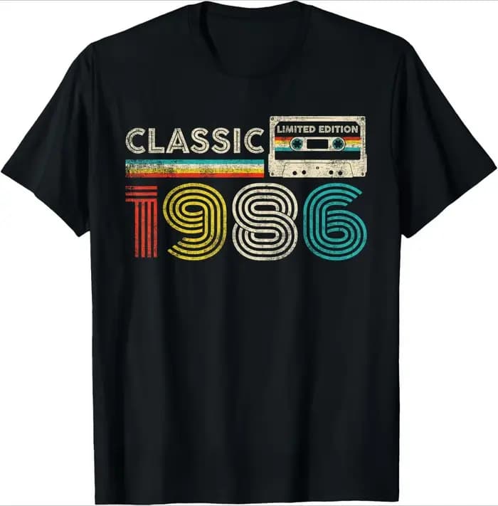 T-shirt unisexe à manches courtes pour hommes, style streetwear, avec motif cassette vintage 1986, idéal pour les 40 ans, coupe ample