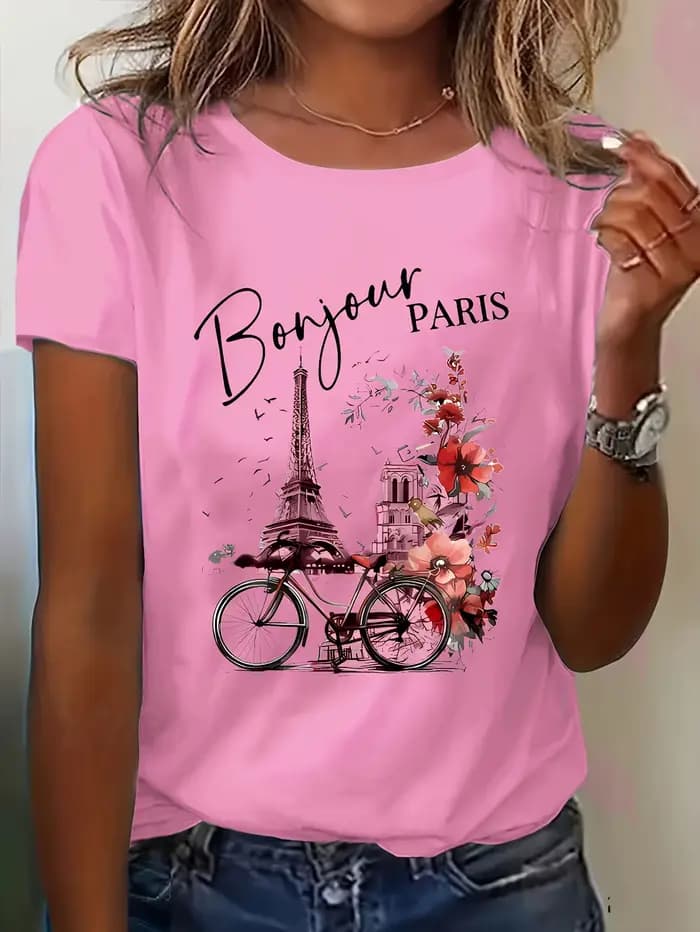 T-shirt pour femme Bonjour Paris - Motif Tour Eiffel et vélo