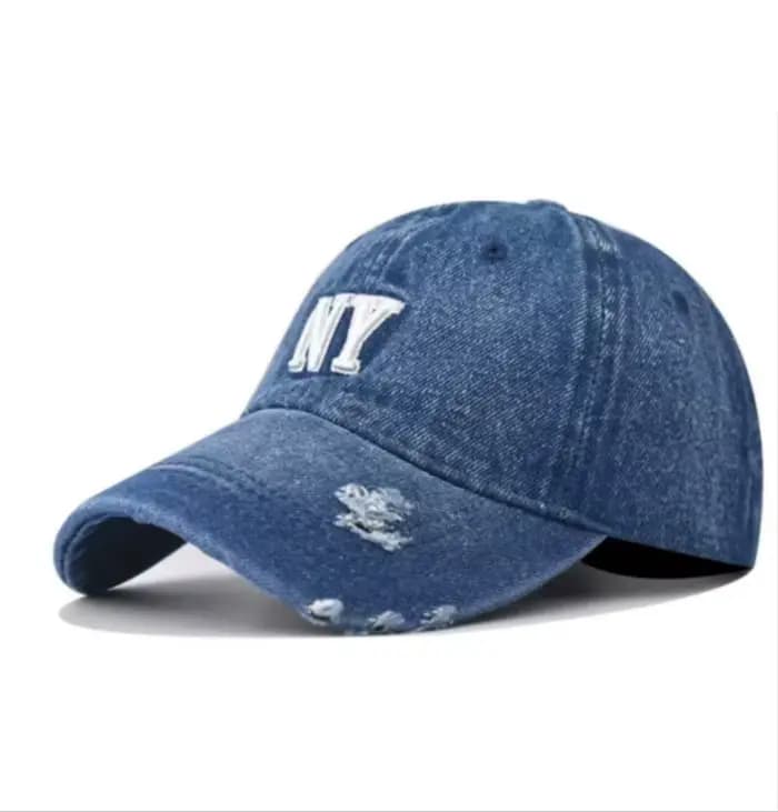 Casquette de baseball en denim vieilli brodée avec des lettres NY en 3D de style rétro