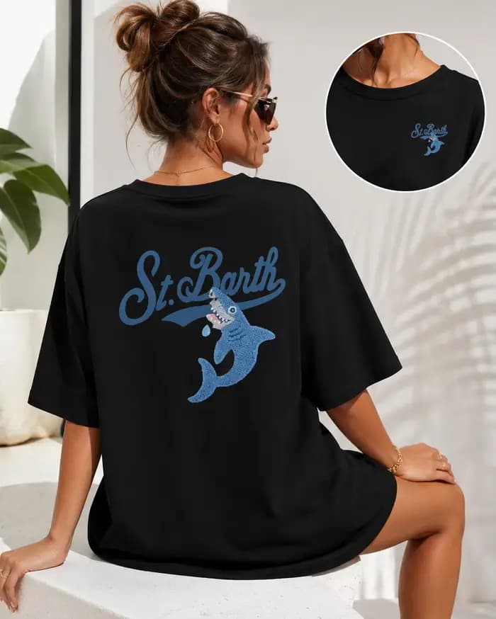 T-shirt pour femme St. Barth imprimé requin, col rond décontracté, manches courtes avec motif géométrique, haut tendance pour femme