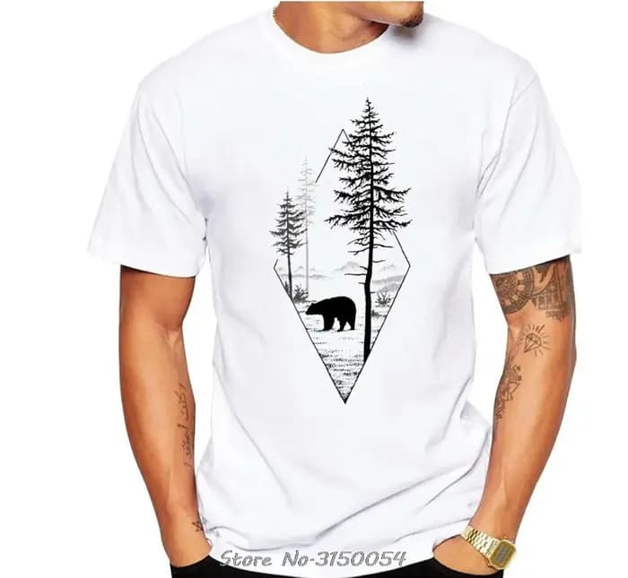 T-shirt à manches courtes imprimé ours de la forêt pour hommes