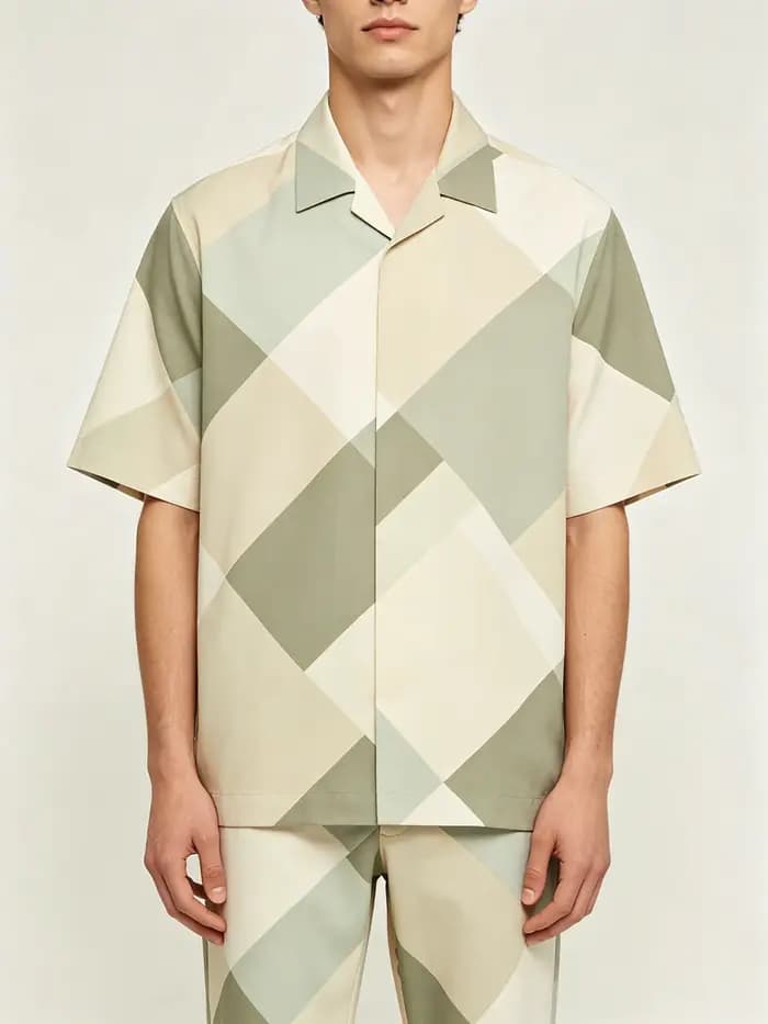 Chemise Homme à Col Cubain Manches Courtes Imprimé Géométrique Argyle Bloc de Couleurs Patchwork Ent