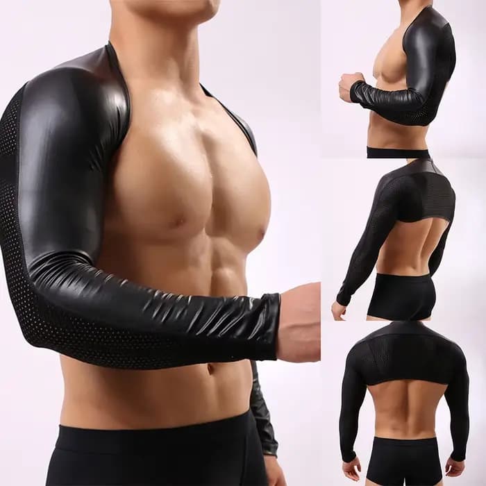 T-shirt à manches longues en similicuir noir uni pour hommes
