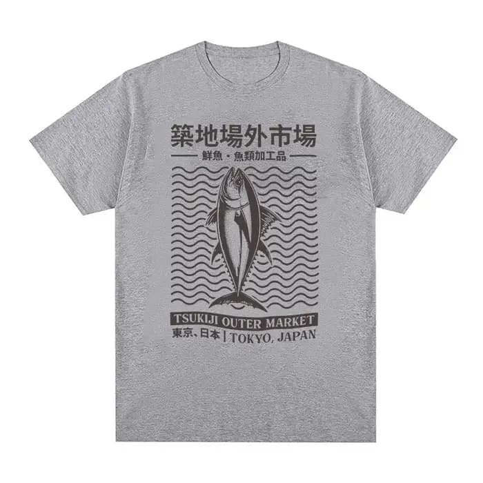 Tokyo japon Tsukiji Outep marché drôle Meme t-shirts poisson japonais rétro Harajuku T-shirt hommes surdimensionnés
