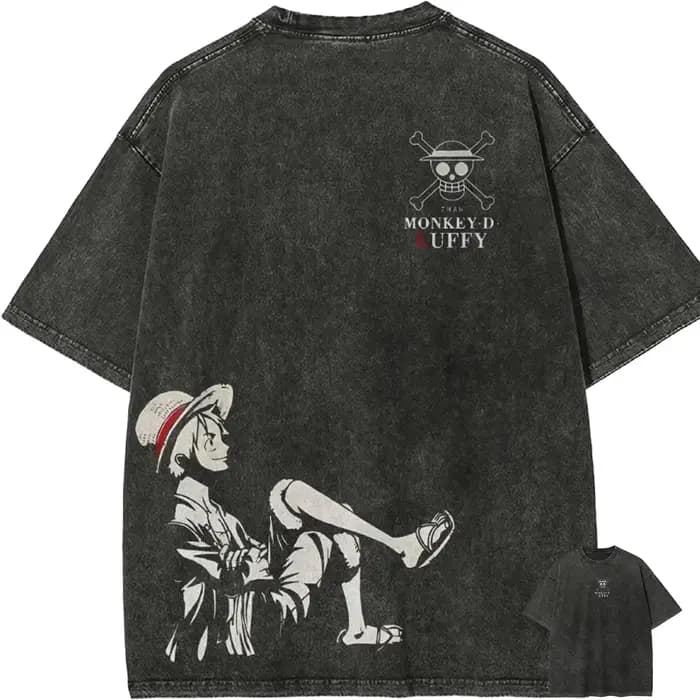 T-shirt Monkey D. Luffy pour homme, One Piece, effet délavé, motif anime, coton, style vintage stree