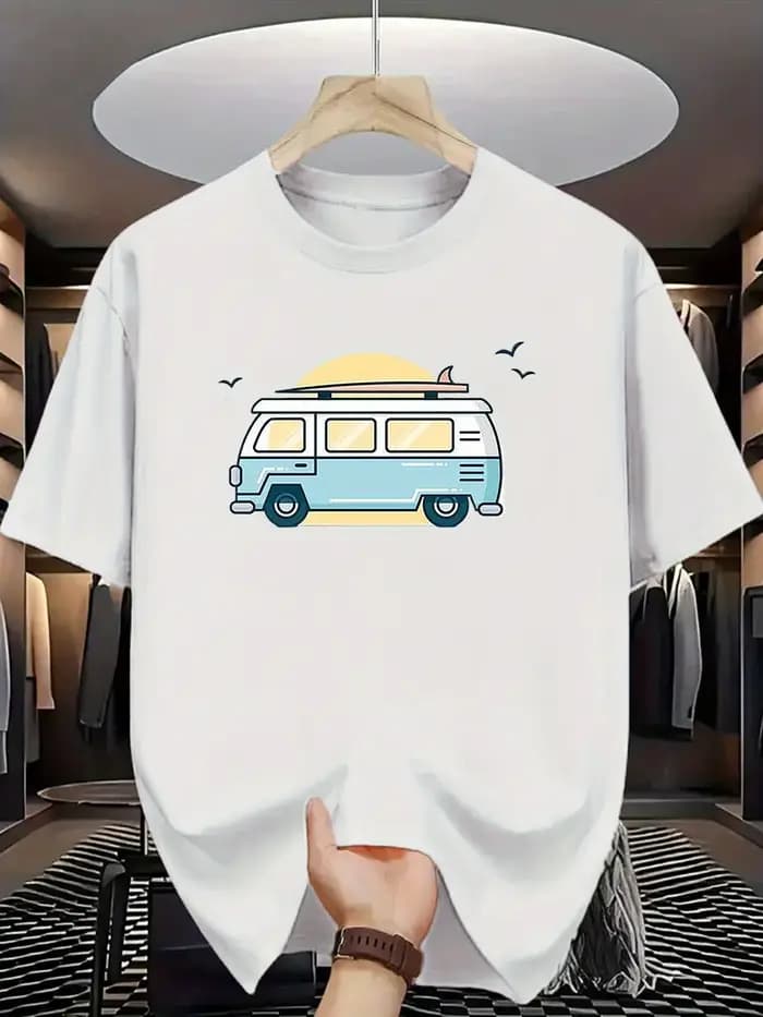 T-shirt vintage pour hommes, style surf et camping-car – T-shirt d'été léger et respirant, haut décontracté à col rond