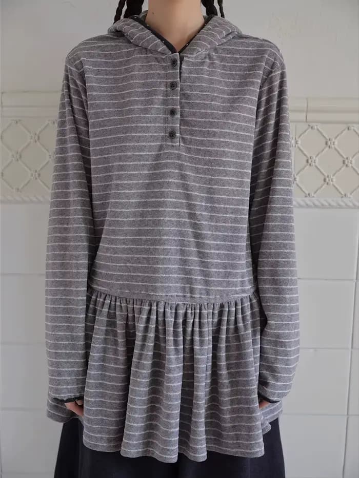 Sweat à capuche automne nouveau 2025 collège femmes gris et blanc rayé à manches longues T-shirt cou