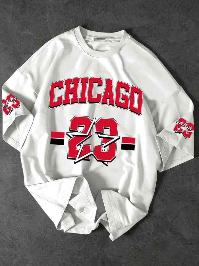 T-shirt Chicago 23 pour hommes, streetwear à col ras du cou, manches courtes, imprimé numéros et étoiles, en polyester, décontracté, S-XXL