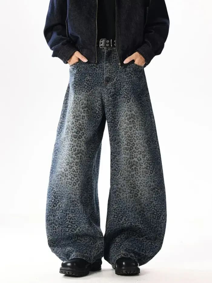 2025 Ropa Y2K mode bleu léopard Baggy nouveaux pantalons en jean pour hommes vêtements jambe large S
