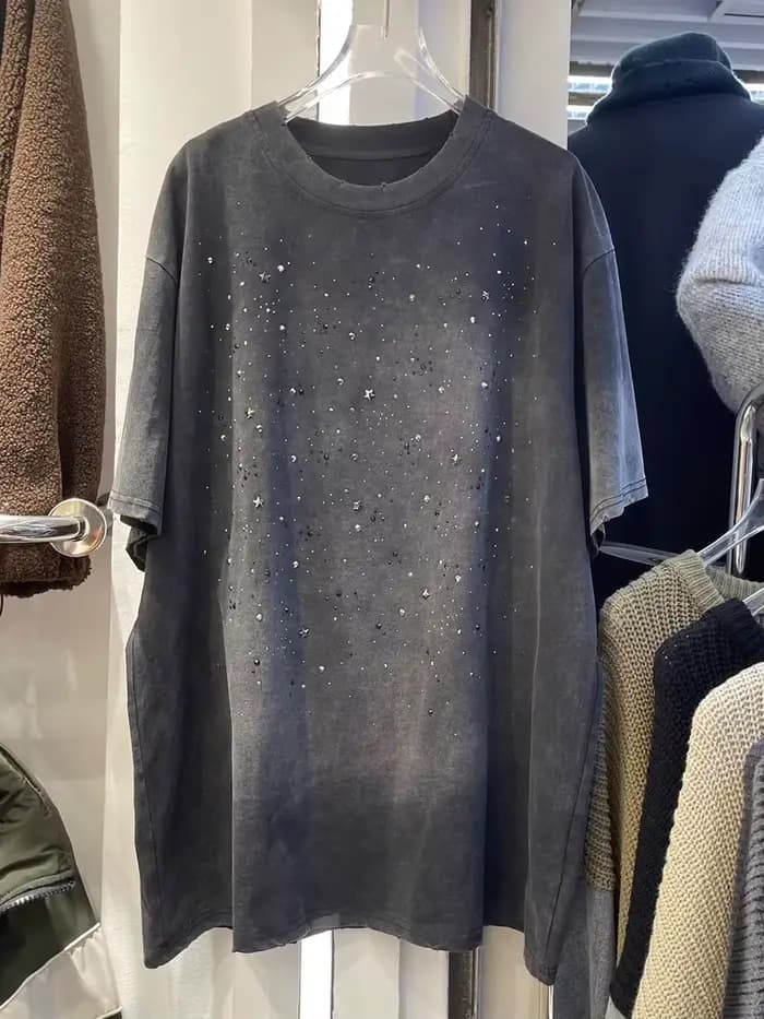 Rétro lavé strass T-shirt été femmes col rond manches courtes surdimensionné t-shirts femme mode hau