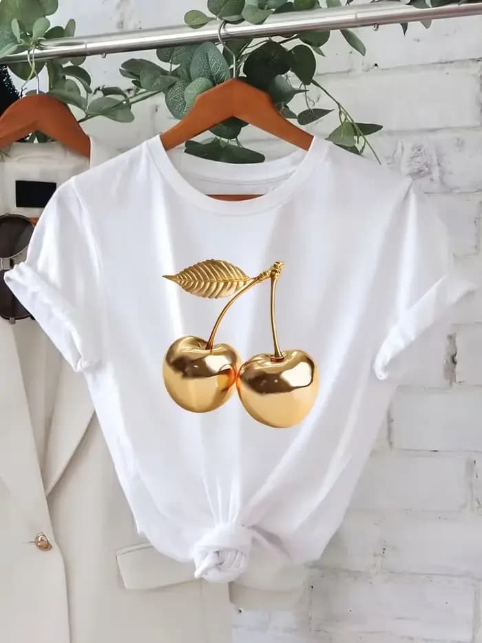 T-shirt imprimé motif cerise doré brillant pour hommes et femmes, streetwear décontracté, coupe ampl