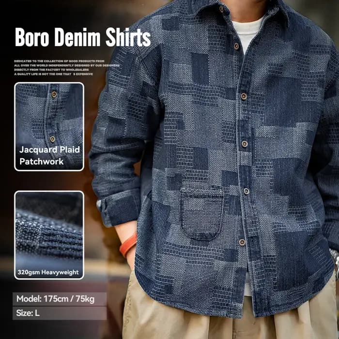 Maden Chemises en Denim Rétro Boro avec Col en Lapel et Design Patchwork Chemise à Manches Longues pour Tops d'Automne et de Printemps pour Hommes