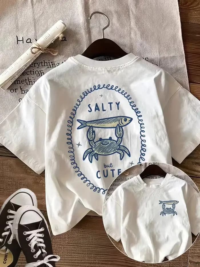 T-shirt à manches courtes pour femme avec motif de crabe et de poisson salés mais mignons, idéal pou