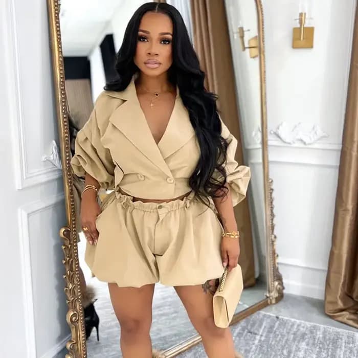 Ensemble 2 pièces Doyerl Streetwear pour femme : Veste croisée à col cranté et short – Idéal pour le