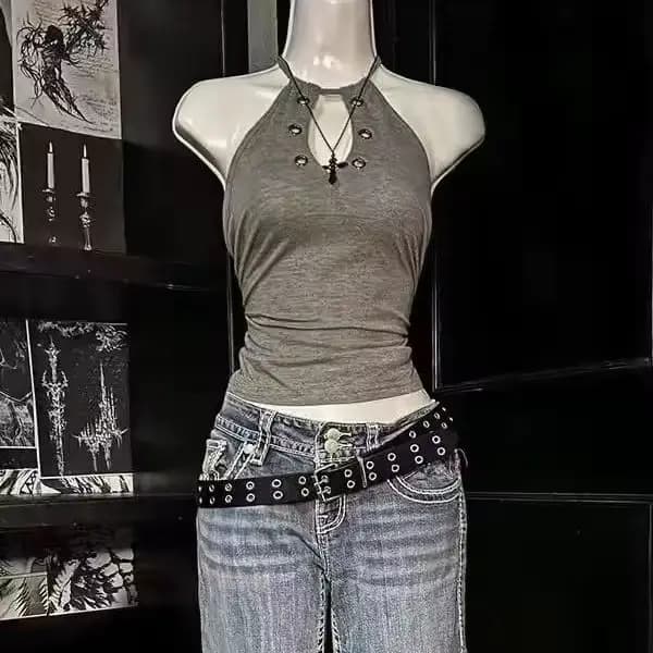 Femme vêtements fronde t-shirt Y2K licou Goth Punk mince américain haut court Vintage fille chaude sans manches Sexy années 90 Emo Grunge Harajuku