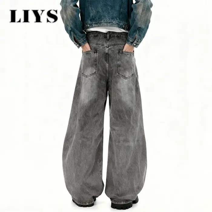 Jean Américain Rétro Baggy à Jambes Larges Gris Noir pour Homme – Printemps-Été