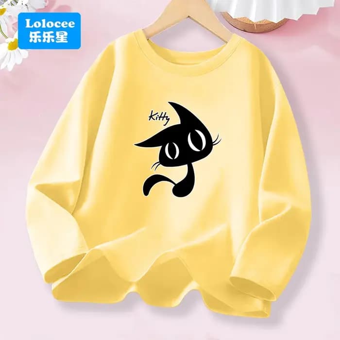 Kawaii noir Kitty graphique T-shirt pour les filles printemps automne à manches longues couverture en coton enfants mode usage quotidien