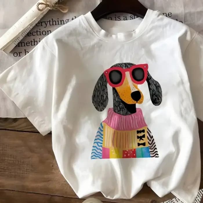 T-shirt à manches courtes imprimé avec dessin animé de chien, haut décontracté multifonctionnel pour