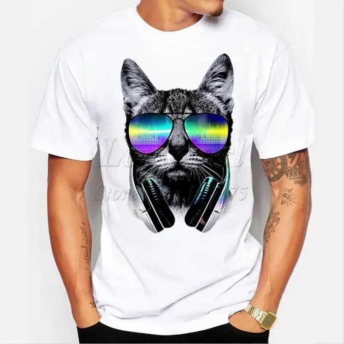 TEEHUB-T-shirt court et humoristique pour homme, à la mode, musique, DJ, chat imprimé, médicaments