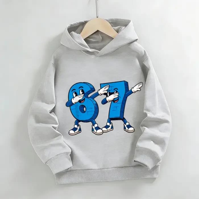 Sweat à capuche gris avec imprimé anthropomorphe numéro 67 pour garçons et filles | Haut