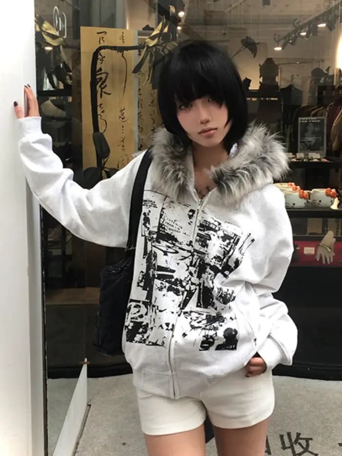 Sous-culture Faux manteaux femmes veste graphique avec capuche polaire fourrure