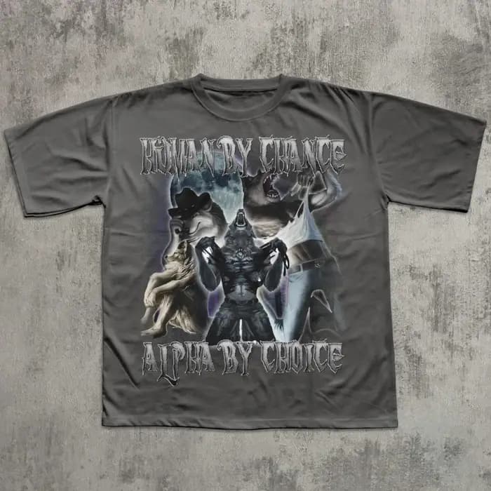 T-shirt drôle et ironique « Human By Chance Alpha By Choice » avec loup déchirant