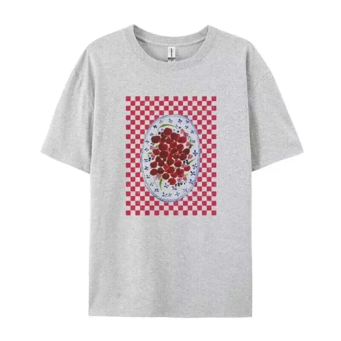Trendy Female Retro Aesthetic Cherry Print T-shirt Summer Ins Cute Fruit Cotton Loose Women Fashion Half-sleeved Tops
