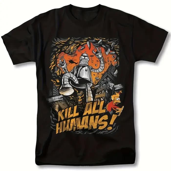 Futurama Bender Robot Kill All Human T-shirt graphique noir à manches courtes et col rond avec motif d'explosion de flamme
