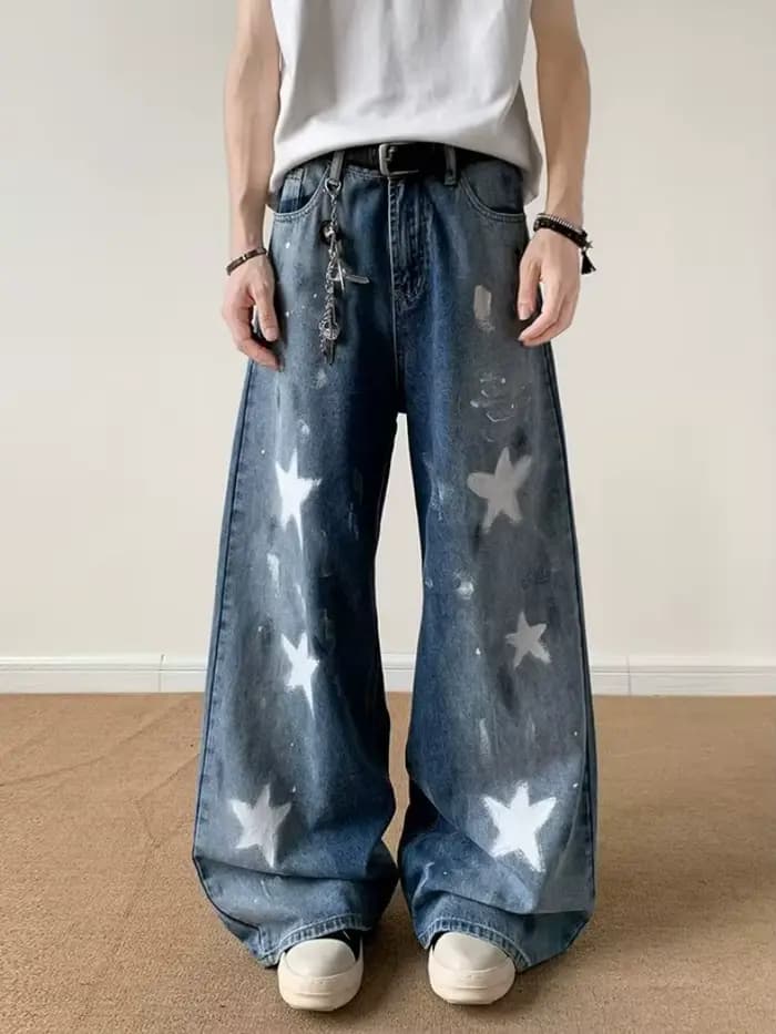 2025 Ropa Y2K Streetwear étoile imprimé délavé bleu Baggy jean pantalon pour hommes vêtements jambe