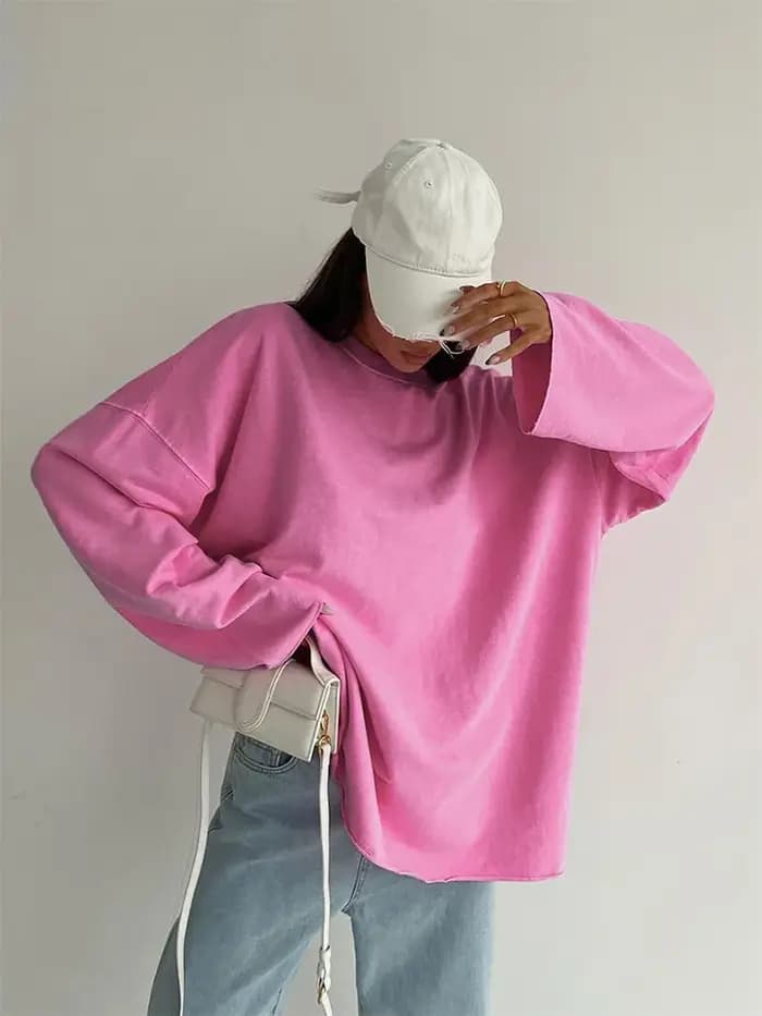 T-Shirts roses Streetwear 2025 col rond à manches longues pull décontracté hauts femmes automne mince