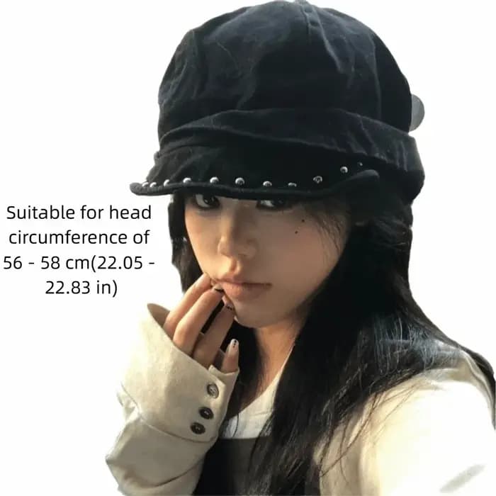 Nouveau Béret Gothique Clouté Noir Uni avec Rivets – Casquette Hip Hop Réglable à Calotte Plate pour Femme