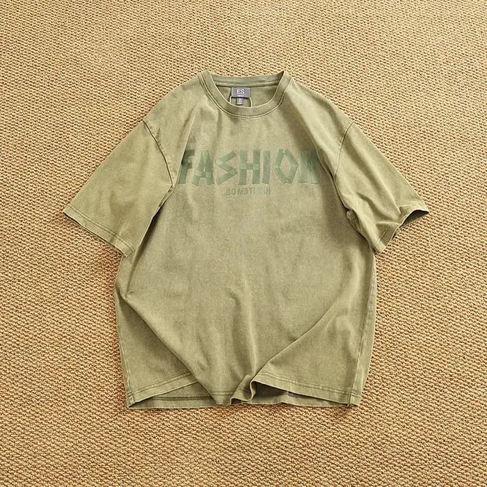 Lavage lourd pour faire vieux T-shirt homme manches courtes américain rétro ample batik coton col rond épaules dénudées demi manches T-shirt