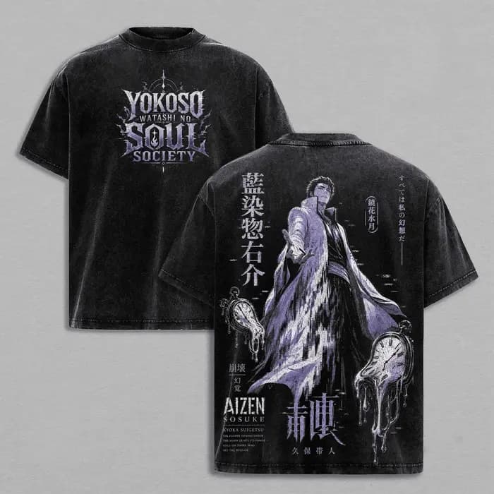 T-shirt Aizen Sousuke BLEACH Anime Vintage Lavé Y2K Oversize Homme Femme Vêtements Été Manches Court