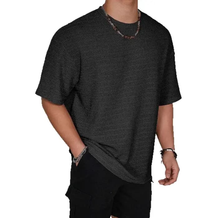 T-shirts pour hommes à manches courtes, couleur unie, style vintage, col rond texturé, t-shirts ampl