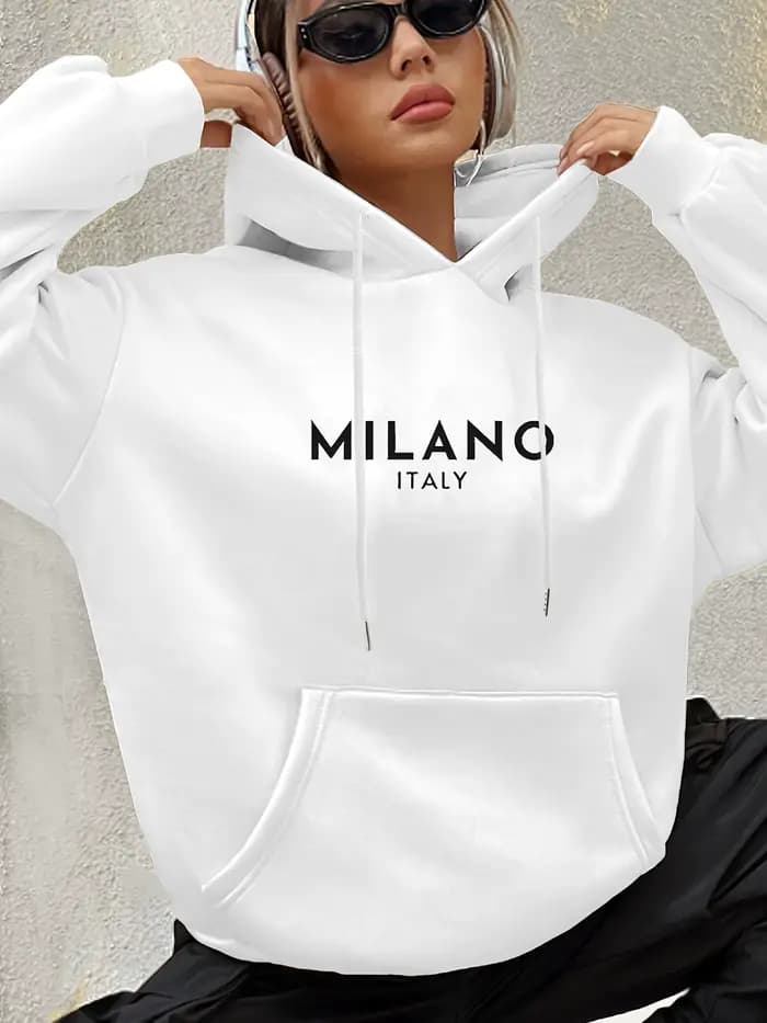 Milano Italie Sweat à capuche en polyester pour femme 100% tissu tricoté imprimé Alphabet Sweat-shirt décontracté à manches longues avec poche