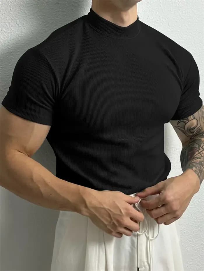 Nouveau T-shirt homme tendance 2026 – Haut de sport à col montant rayé, manches courtes, idéal pour