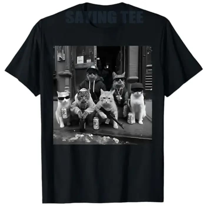 Drôle Gangster Cats Street Y2k Design T-Shirt Humoristique Kitty Gang Graphique Tenue Chat Papa Mama