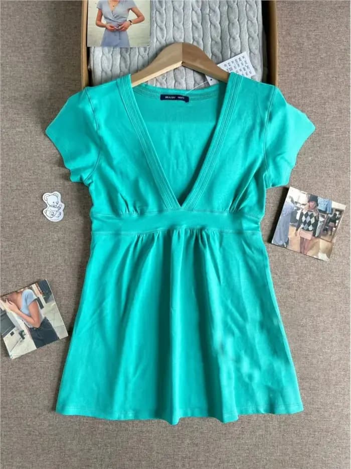 T-shirts décontractés en coton à col en V profond turquoise pour femmes
