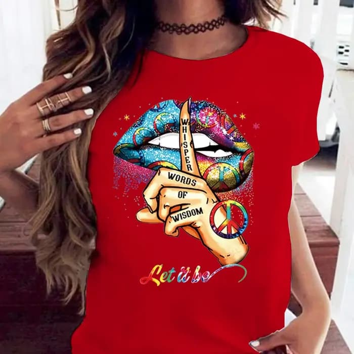 100% coton ample col rond bouche créative à manches courtes T-shirt femme surdimensionné