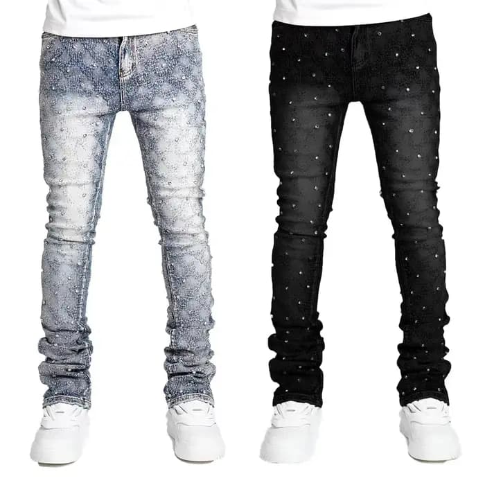 2025 nouveaux hommes jean mode droite Stretch perle Denim laminé pantalon