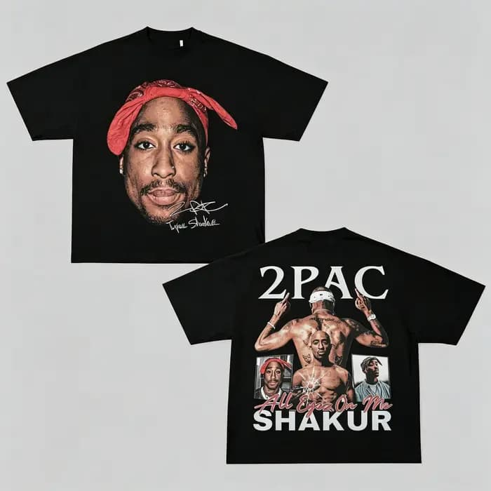 T-shirt à motif 2pac Shakur, double face, hommage au rap et au hip-hop, été 2026, unisexe, ample, en