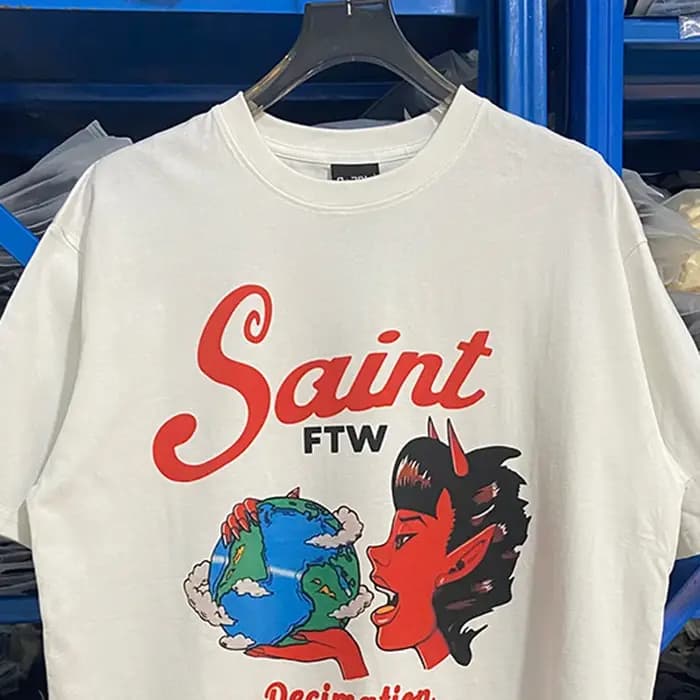 High Street Red Devil Letters Logo imprimé Saint T-Shirt haute qualité coton Vintage blanc