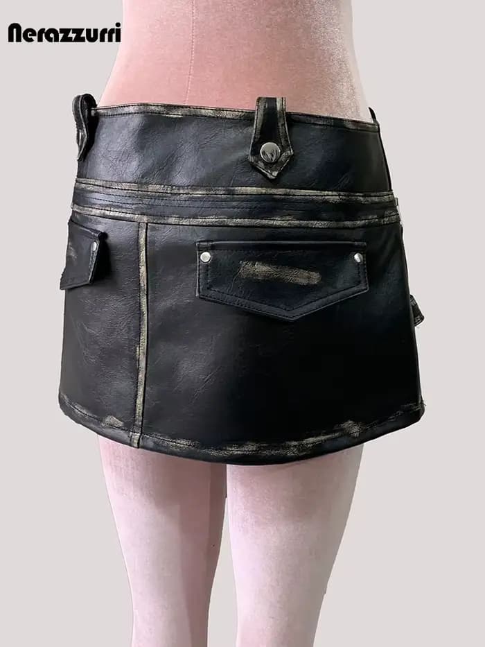 Mauroicardi été Cool en détresse noir Faux cuir Mini jupe asymétrique femme taille haute courte luxe concepteur Emo vêtements