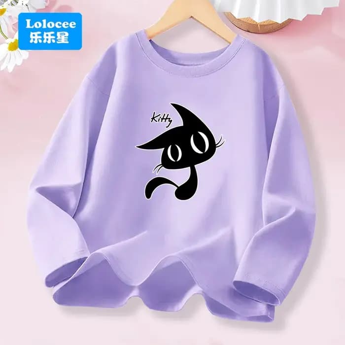 Kawaii noir Kitty graphique T-shirt pour les filles printemps automne à manches longues couverture en coton enfants mode usage quotidien