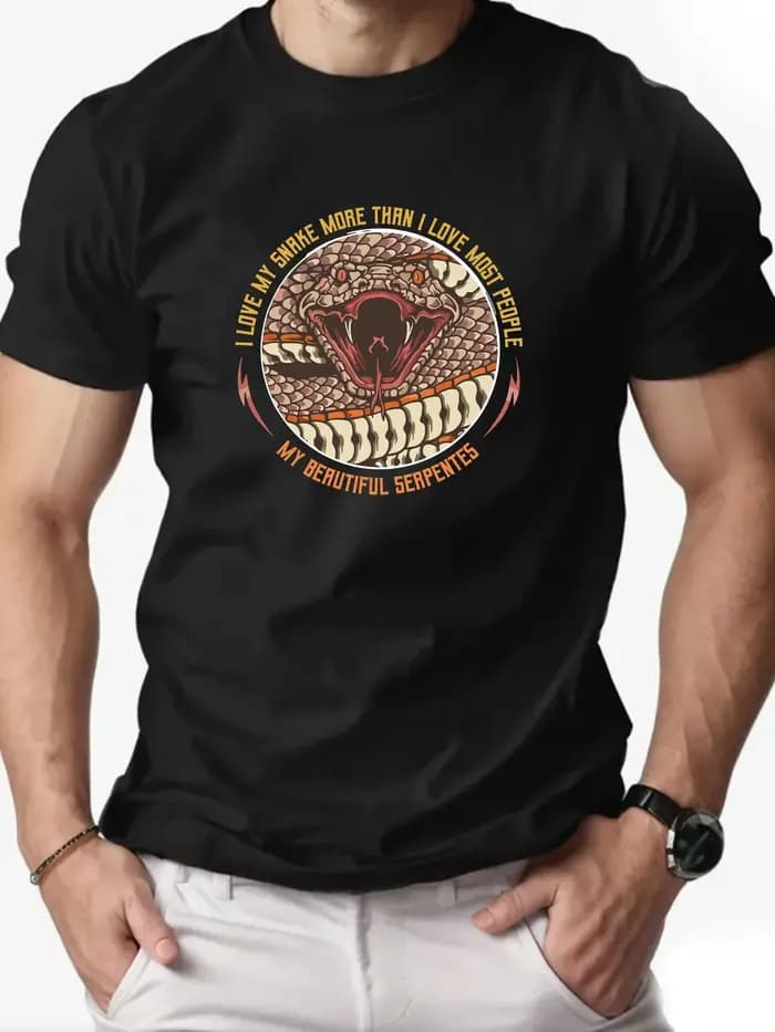 T-Shirt homme 100% coton dessin animé Animal serpent imprimé été surdimensionné col rond respirant décontracté manches