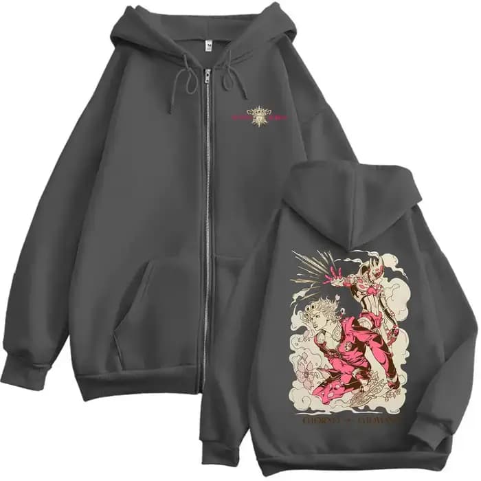 Anime JoJo's Bizarre Adventure Giorno Giovanna graphique sweat à capuche avec fermeture éclair hommes femmes vêtements décontracté Vintage surdimensionné veste zippée