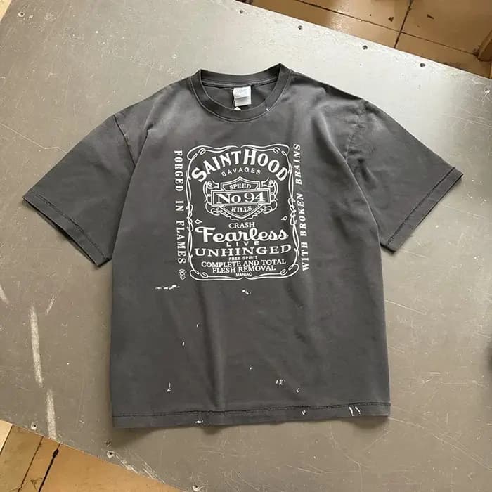 Vintage lavé noir Streetwear Saint capuche T-Shirt hommes femmes surdimensionné ange crâne amour imp