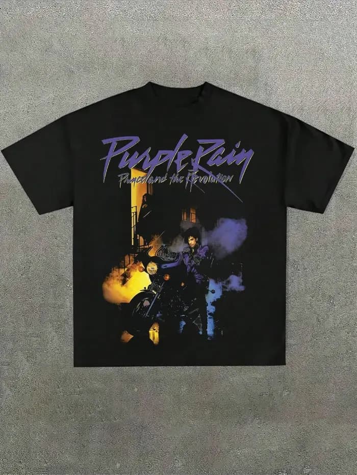 T-shirt à manches courtes imprimé style streetwear pour homme, motif Prince Purple Rain, noir, en co