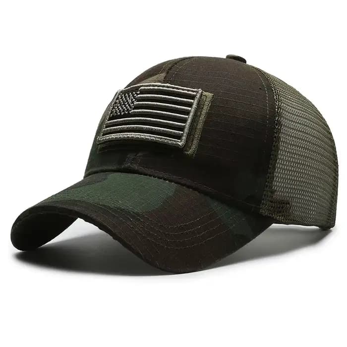 Casquette de baseball à dos en maille noire avec patch drapeau américain – Accessoire élégant et patriotique